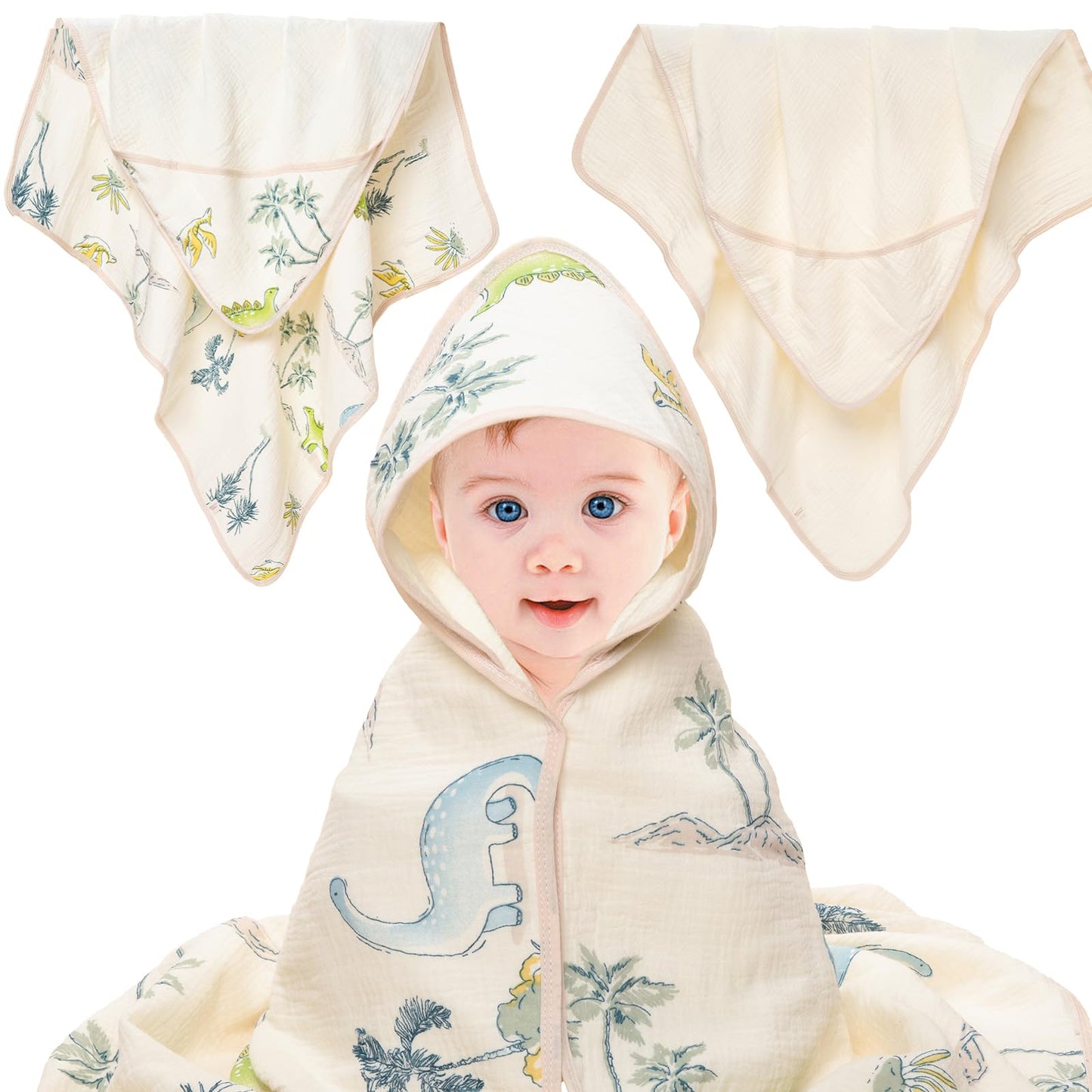 Hushlibaby Muslin Hooded Baby Towels for Newborn 2 Pack 31.5 x 31.5 Inch Ultra-Soft Absorbent 100% Cotton Baby Bath Towel with Hood for Infant Toddler and Kids Baby Stuff Bath Shower Gifts