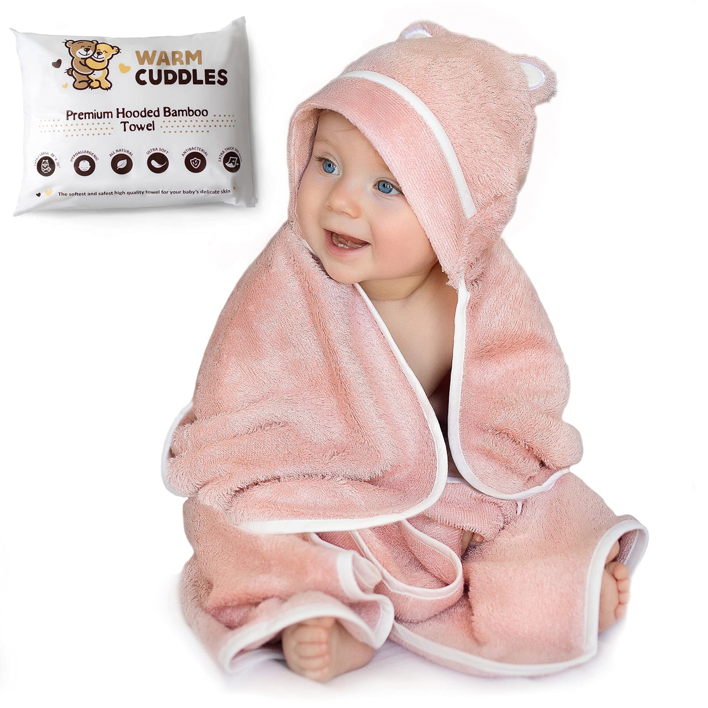 Warm Cuddles Premium Baby Bath Towel - Rayon Made from Bamboo Hooded Baby Towels - Newborn Baby Towel with Hood - Large Hooded Towel for Newborn Infant Boy Girl (Pink)