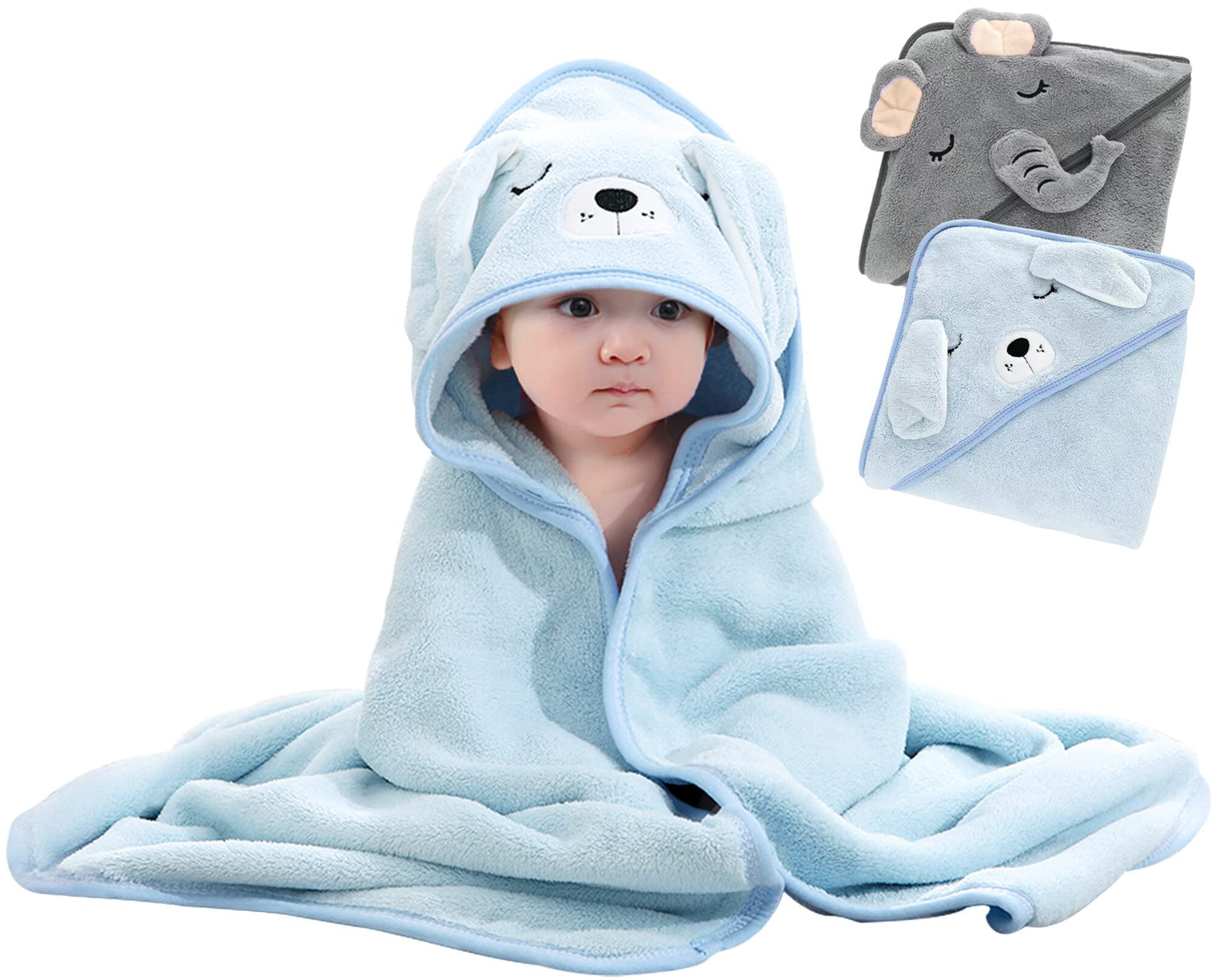 Aivtalk 2 Pack Baby Animal Hooded Bath Towel Infants & Toddlers Cute Baby Hooded Towels-31.5 x 31.5inch Blue+Gray