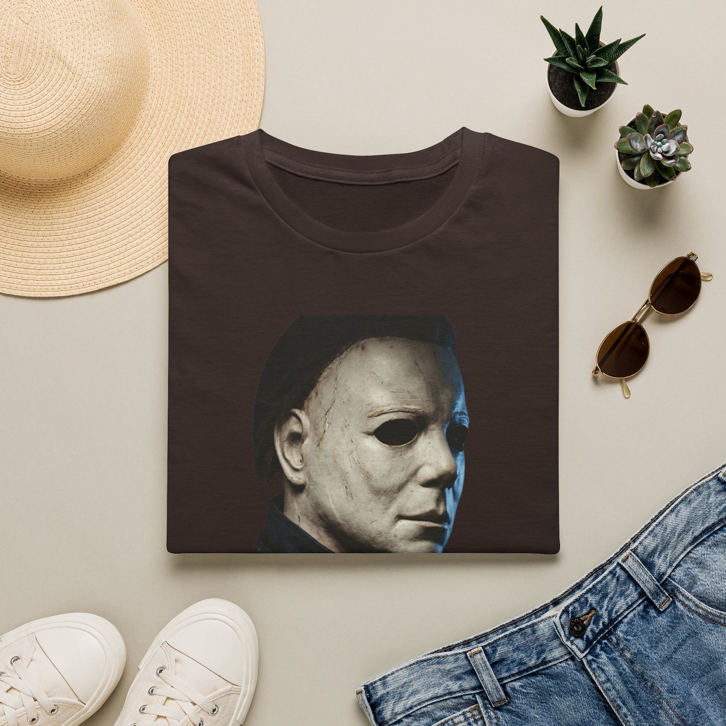 Michael Myers Horror Mask Portrait T-Shirt — Iconic Creepy Mask Graphic Tee for Halloween