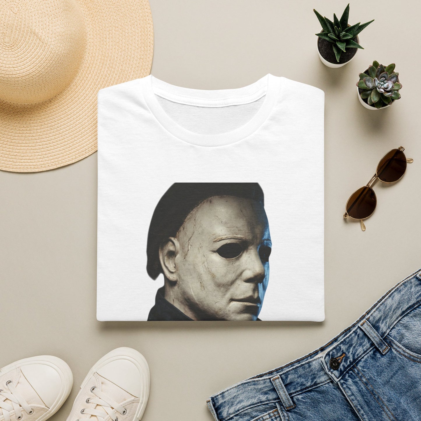 Michael Myers Horror Mask Portrait T-Shirt — Iconic Creepy Mask Graphic Tee for Halloween