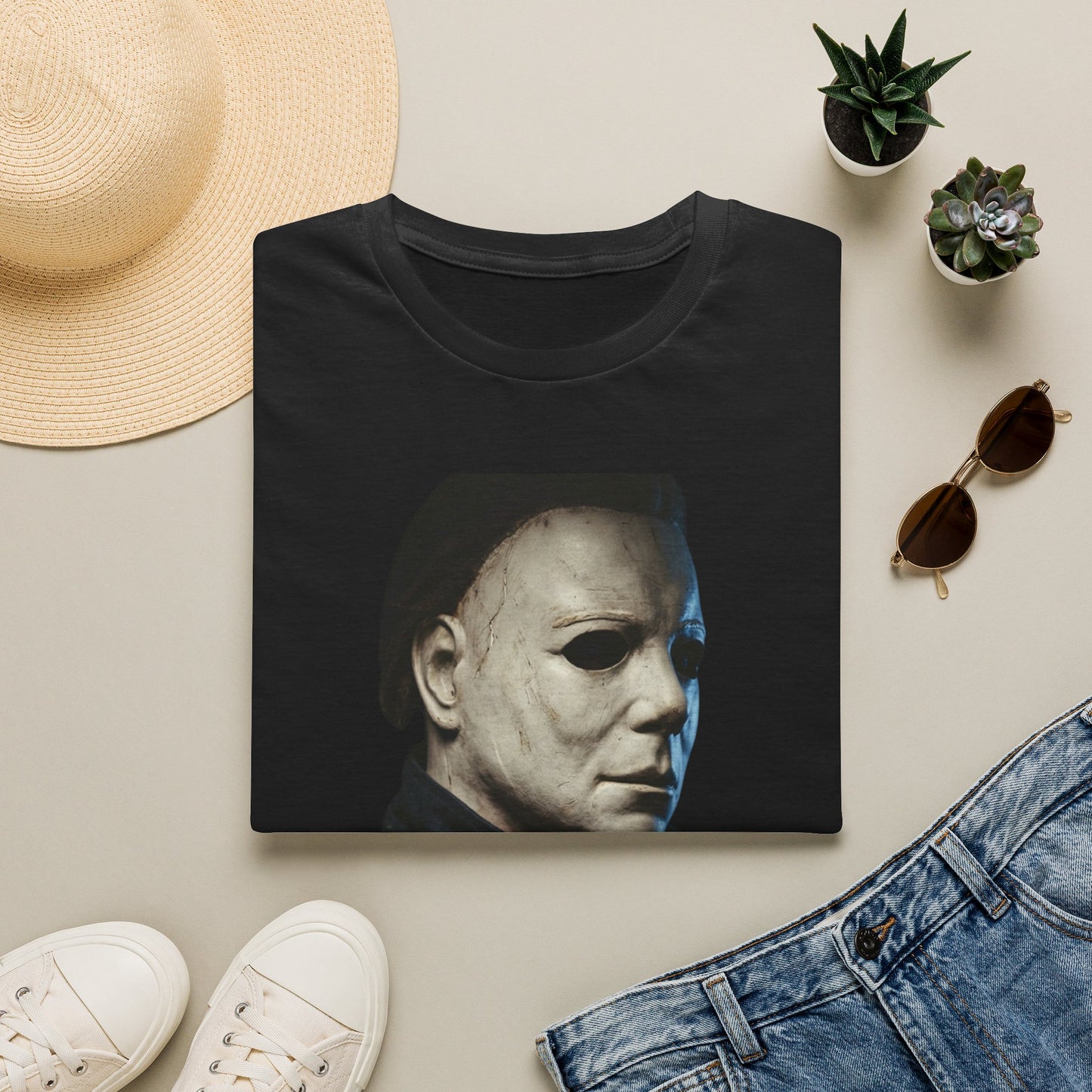 Michael Myers Horror Mask Portrait T-Shirt — Iconic Creepy Mask Graphic Tee for Halloween