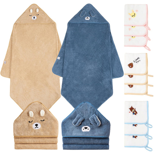 Hooded Towel for Baby 2 Pack Coral Fleece and 9 Baby Washcloths Soft and Absorbent Baby Towels Large 35.5x35.5 Inch Shower Towel Gift for Newborns Infants and Toddlers (Navy Blue Dog+Brown Bear)
