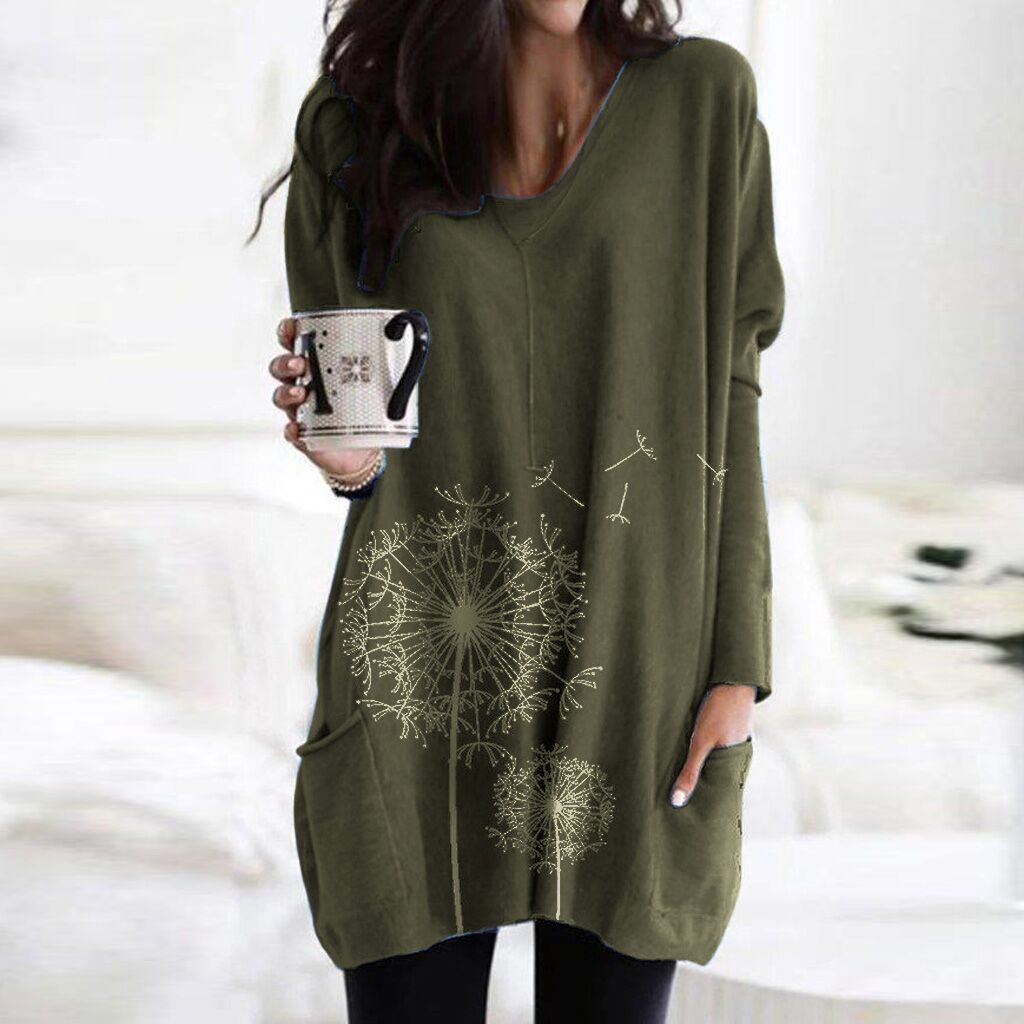 Women's Printed Long-Sleeved Round Neck Blouse Sweater