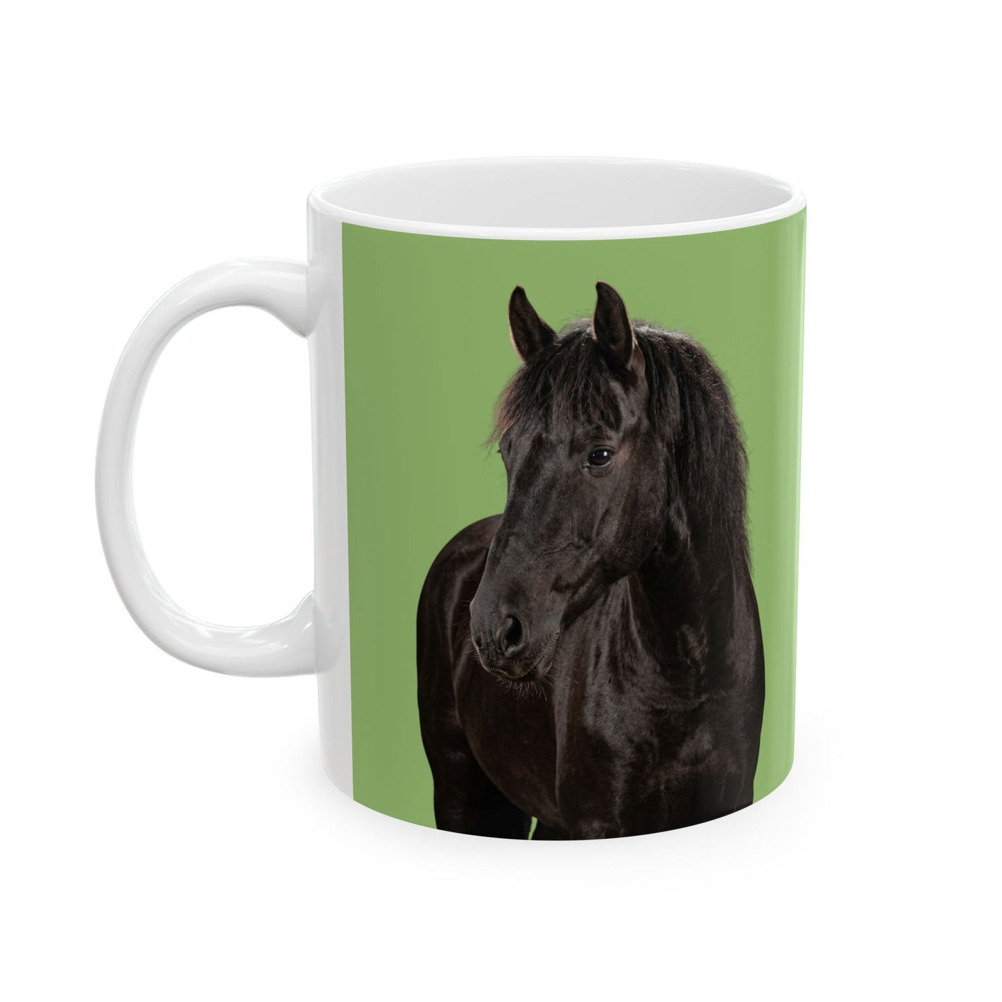Horse Portrait Ceramic Mug — Green Background Coffee Cup (11oz & 15oz)
