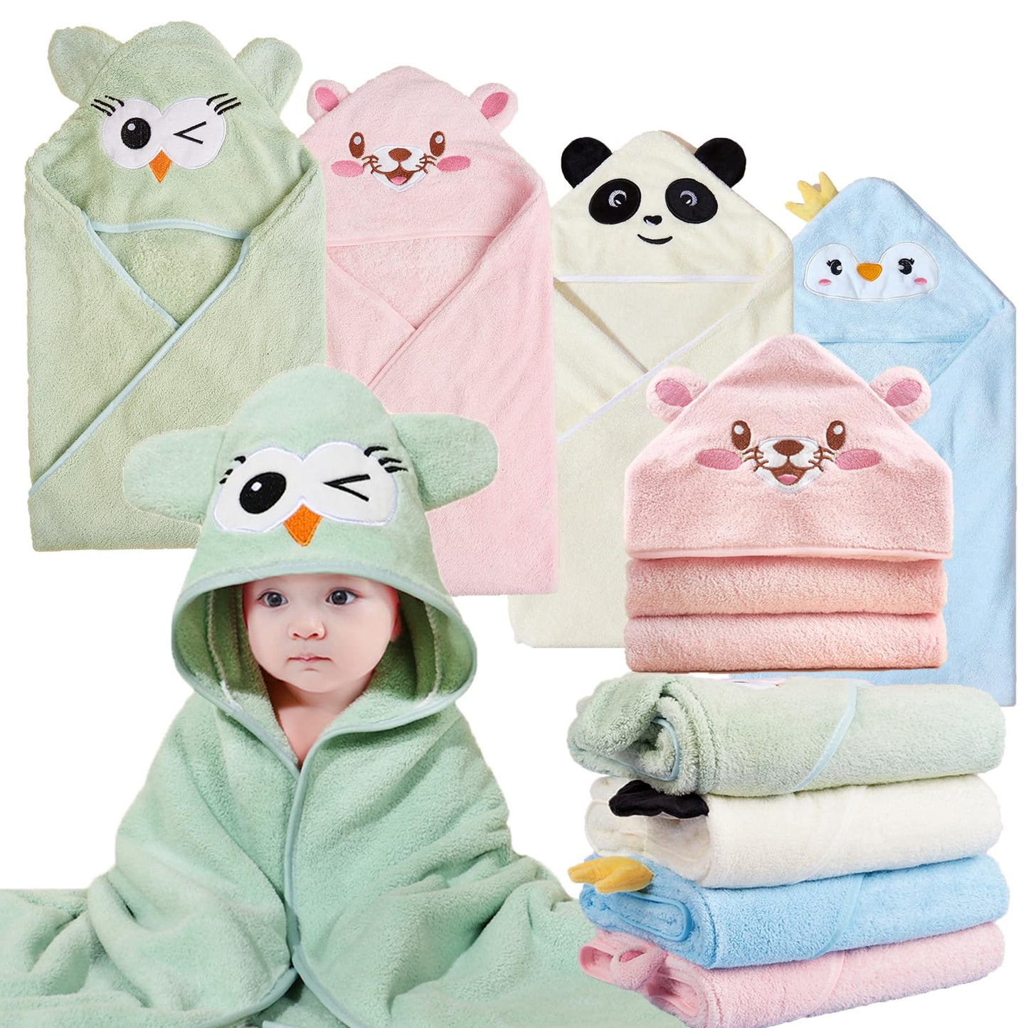 kmilro 4 Styles Hooded Baby Towels Premium Coral Fleece Ultra Soft Absorbent 32 x 32 Inch Unisex Baby Bath Towel for Newborns Toddlers and Kids Natural Baby Stuff Towel with Hood for Boy and Girl