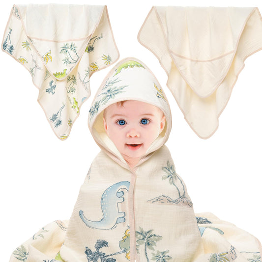 Hushlibaby Muslin Hooded Baby Towels for Newborn 2 Pack 31.5 x 31.5 Inch Ultra-Soft Absorbent 100% Cotton Baby Bath Towel with Hood for Infant Toddler and Kids Baby Stuff Bath Shower Gifts