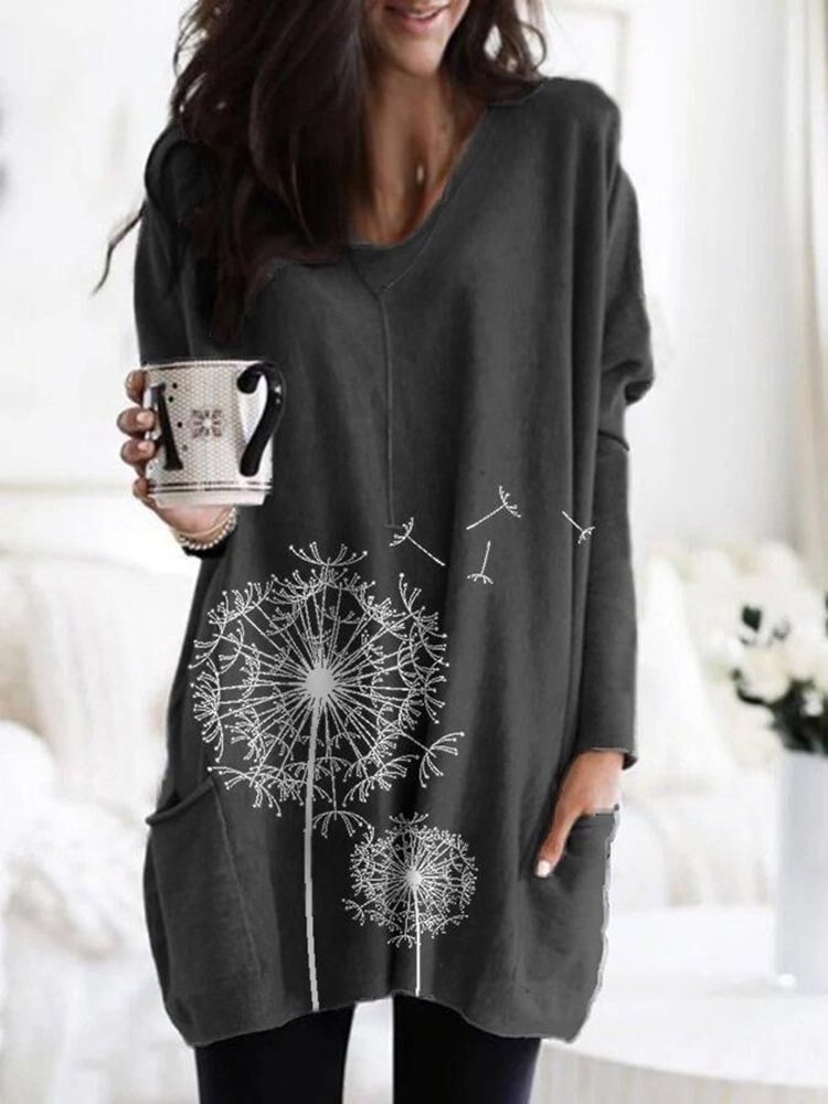 Women's Printed Long-Sleeved Round Neck Blouse Sweater