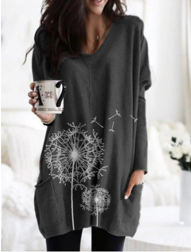 Women's Printed Long-Sleeved Round Neck Blouse Sweater