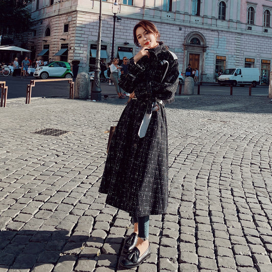 Plaid Fringed Shawl Waist Long Woolen Coat for Women