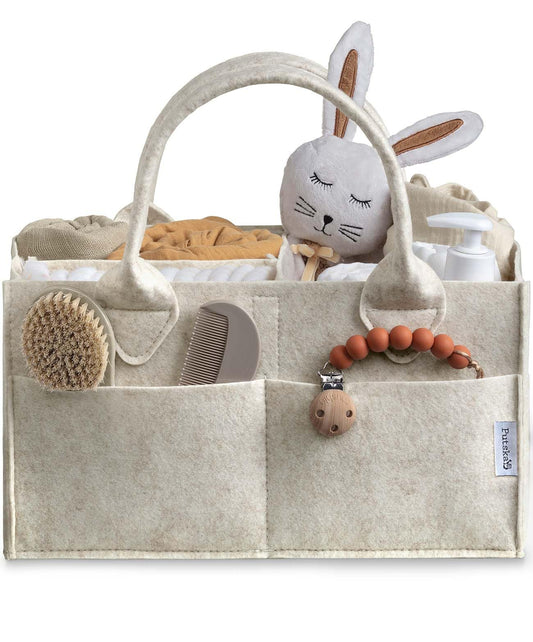 PUTSKA Baby Diaper Caddy Organizer Nursery Basket - Baby Basket Gift Registry For Baby Shower List. Baby Must Haves Essentials. Neutral Baby Stuff For Newborn Boy Nursery Decor Or Girl(White 16x10x7)