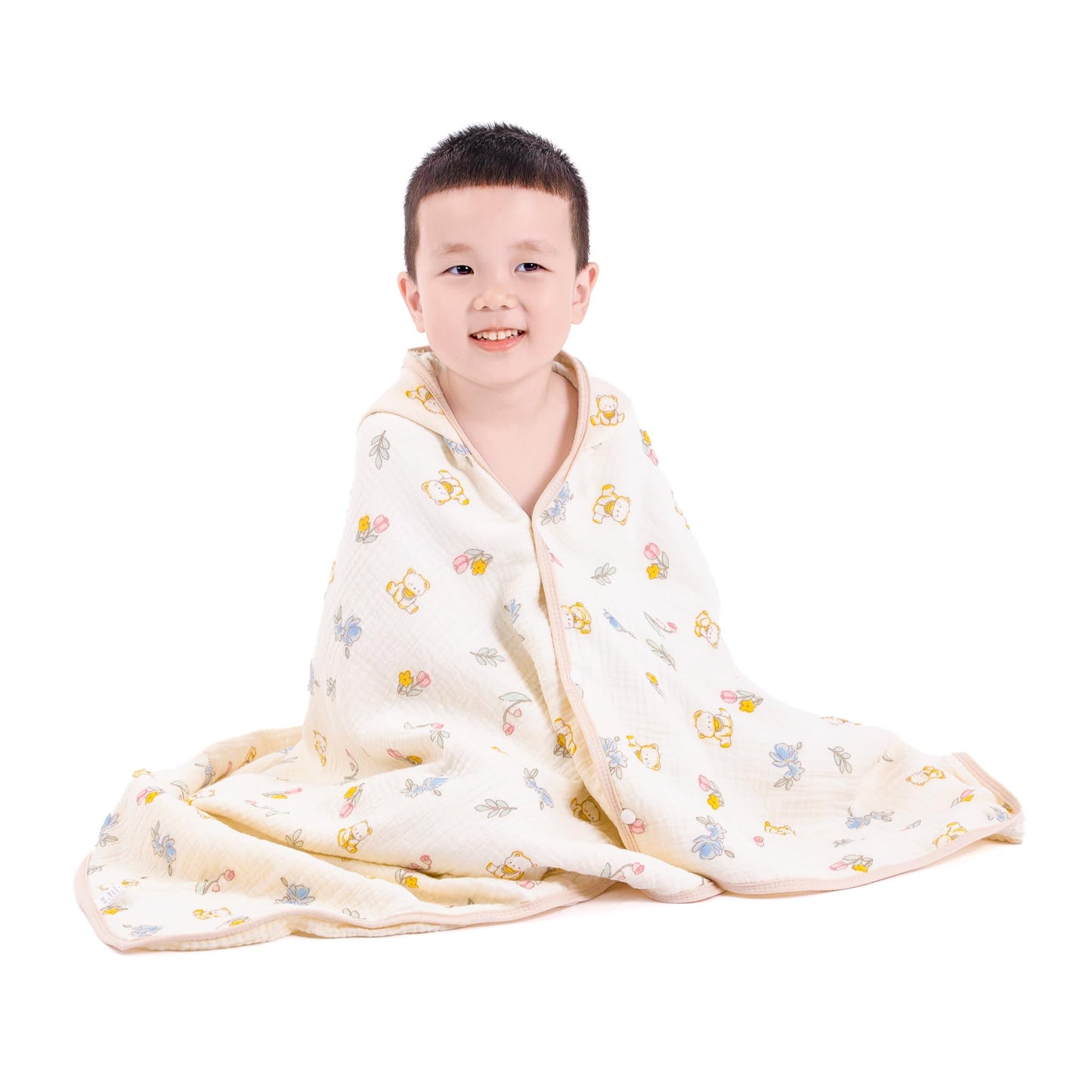 REMASS Hooded Towel Muslin Hooded Towel Made from Organic Cotton 6-Layer Cotton Bath Towel Soft Bath Towels 25x51inches for Toddler Baby (Bear&Flowers)