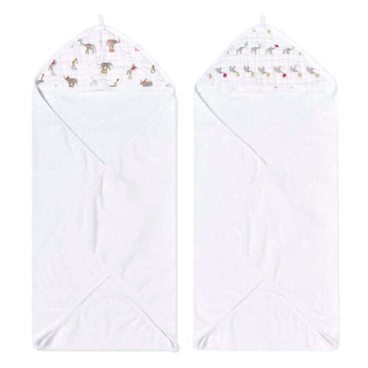 aden + anais Essentials Hooded Baby Bath Towel Super Soft 100% Cotton 2 Pack Elephant Circus