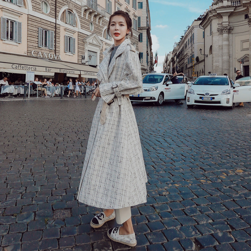 Plaid Fringed Shawl Waist Long Woolen Coat for Women