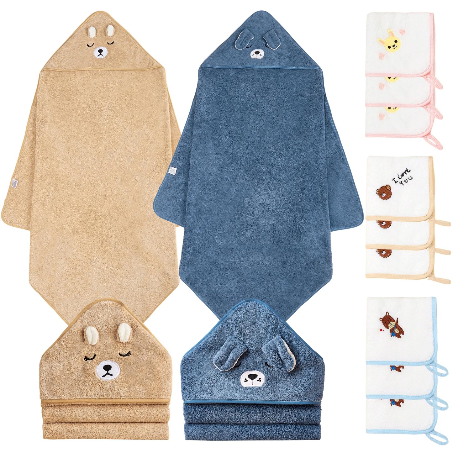Hooded Towel for Baby 2 Pack Coral Fleece and 9 Baby Washcloths Soft and Absorbent Baby Towels Large 35.5x35.5 Inch Shower Towel Gift for Newborns Infants and Toddlers (Navy Blue Dog+Brown Bear)