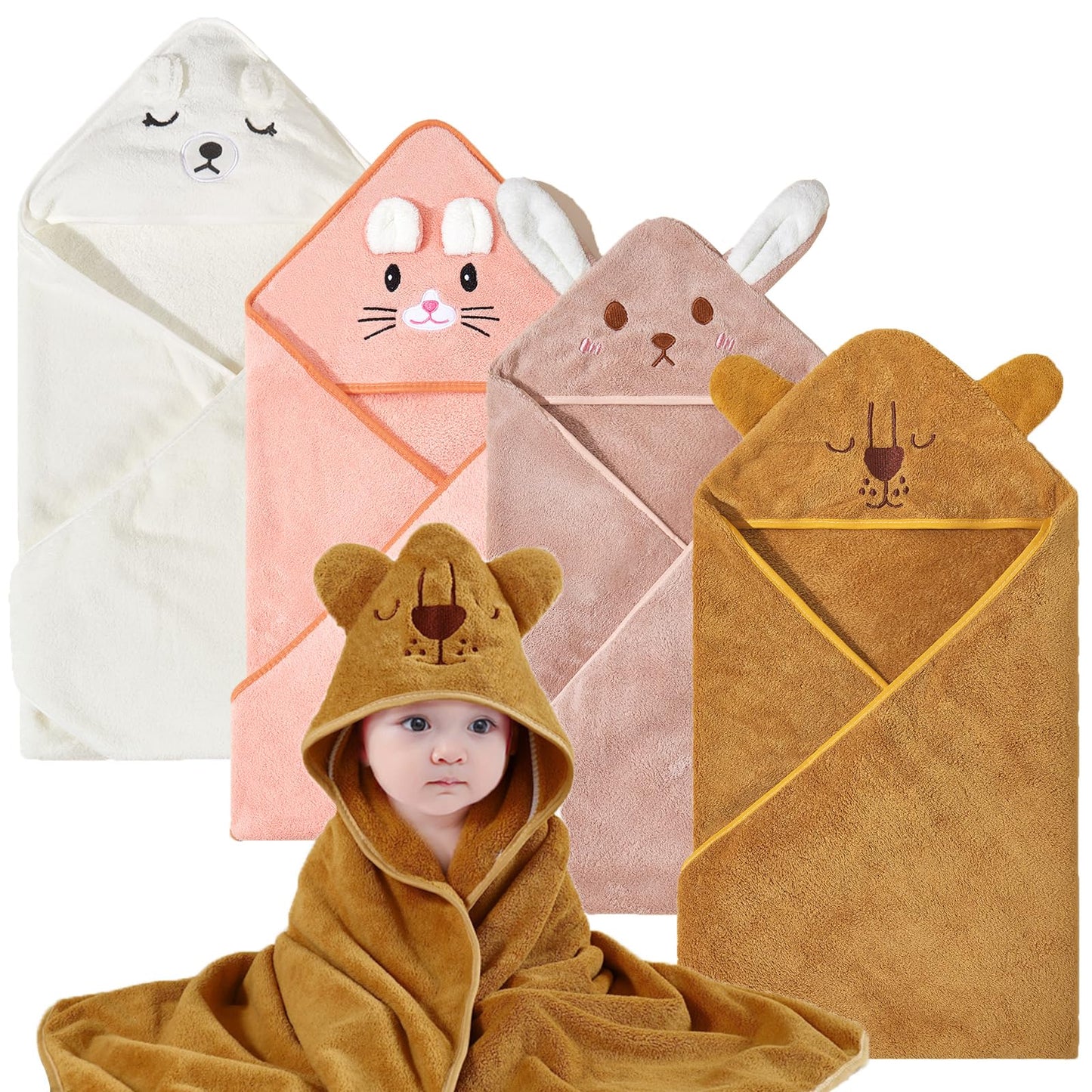KLHYIT Baby Bath Towel with Hooded 4Pack Absorbent Soft Hooded Towel for Newborns Unisex 31.5x31.5 in Bath Towel Set Gift for Babies Infant Newborn Essential